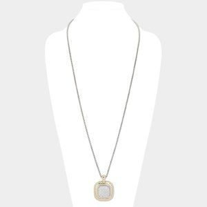 Two Tone Square  Albion Style Pendant Necklace: 14K Gold Plated with CZ Stones